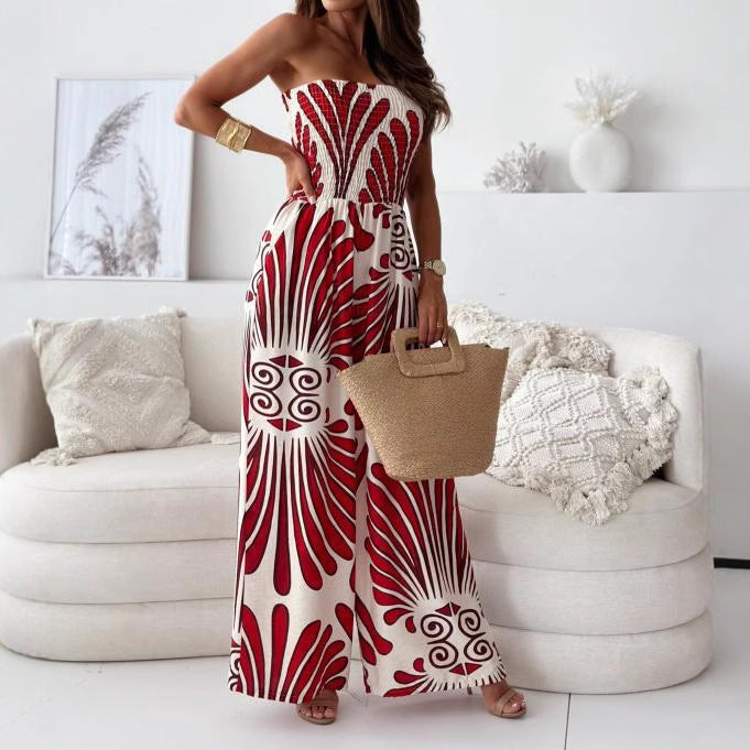 Women's Strapless Jumpsuit Abstract Print Wide Leg