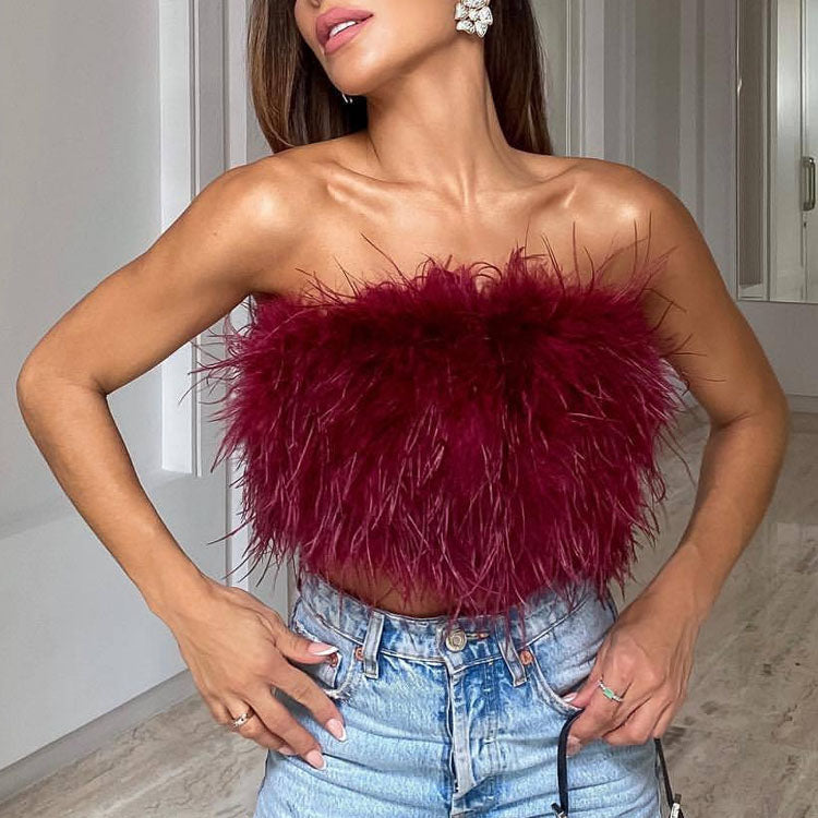 Women's Strapless Bandeau Feather Trim