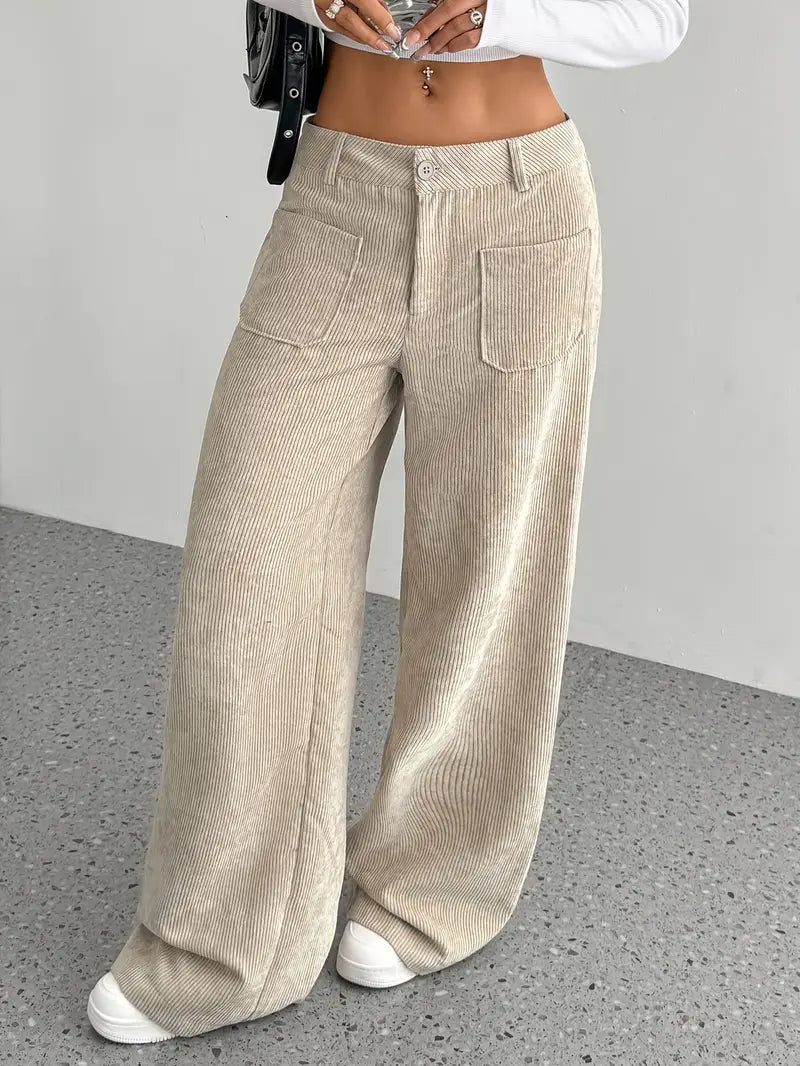 Women's High Waist Wide Leg Pants Button Closure - VibreMode