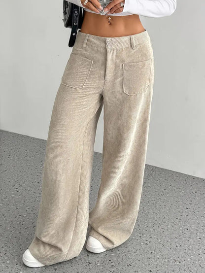 Women's High Waist Wide Leg Pants Button Closure - VibreMode