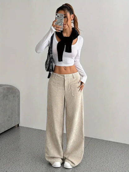 Women's High Waist Wide Leg Pants Button Closure