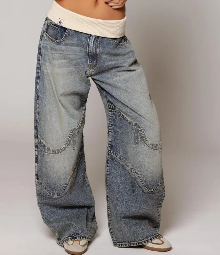 Women's Wide Leg Pants Contrast Waistband - VibreMode