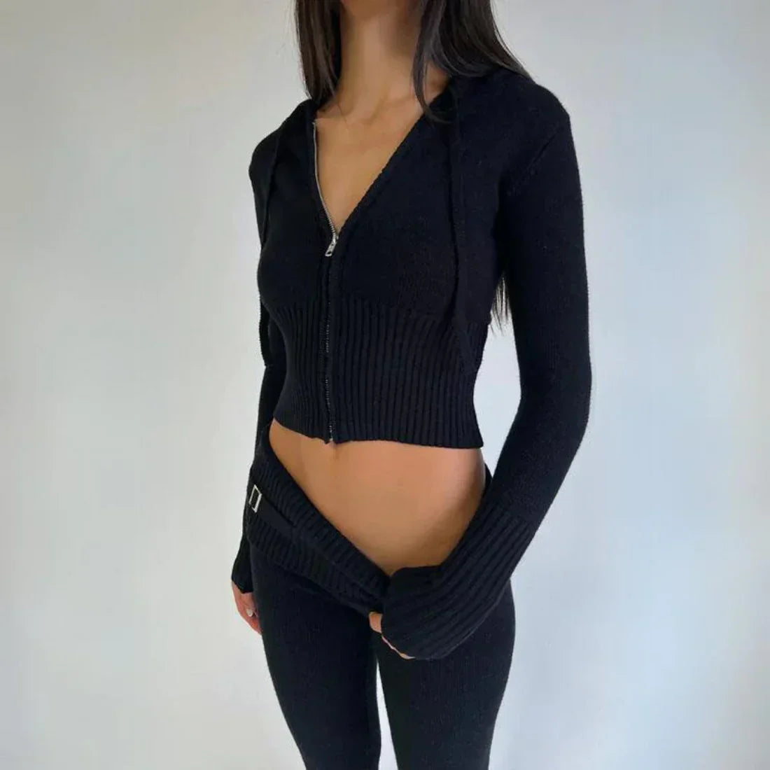 Women's Hooded Sweat Suit Cotton Zip Up Black