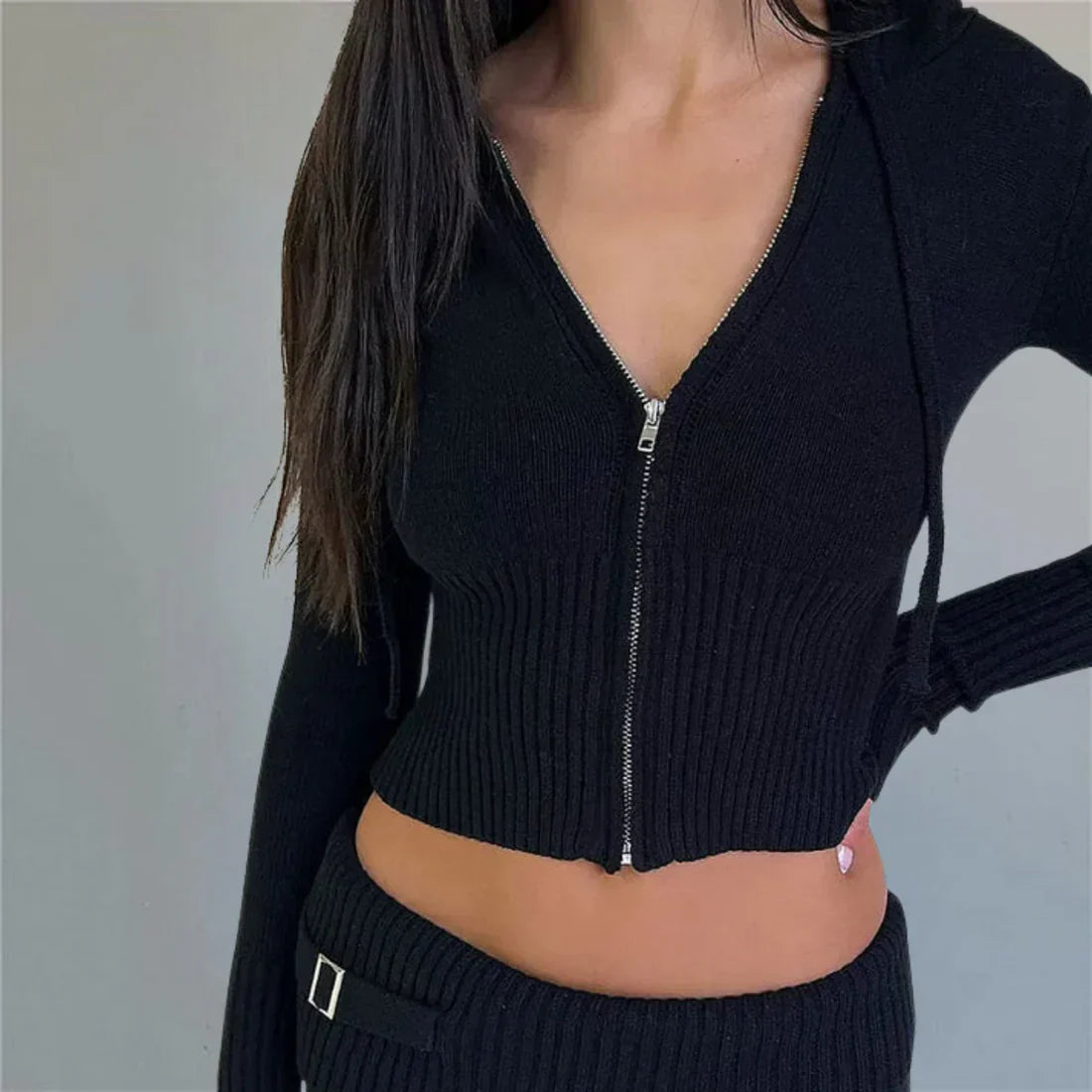 Women's Hooded Sweat Suit Cotton Zip Up Black