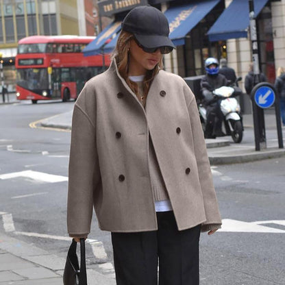 Women's Short Stand-Up Collar Jacket Contrast Buttons