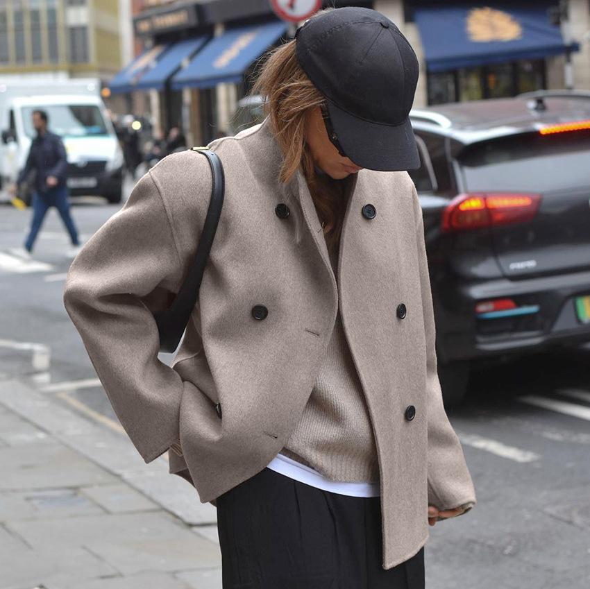 Women's Short Stand-Up Collar Jacket Contrast Buttons