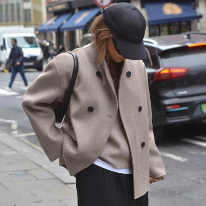 Women's Short Stand-Up Collar Jacket Contrast Buttons