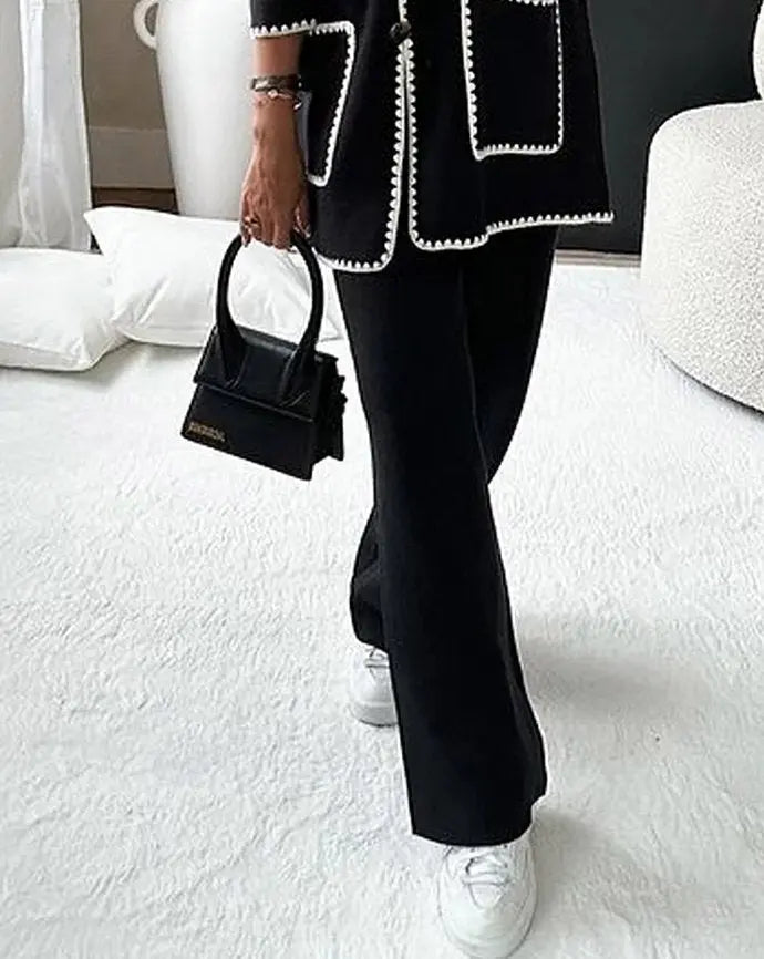 Women's Two Piece Suit Button Jacket Wide Leg Pants