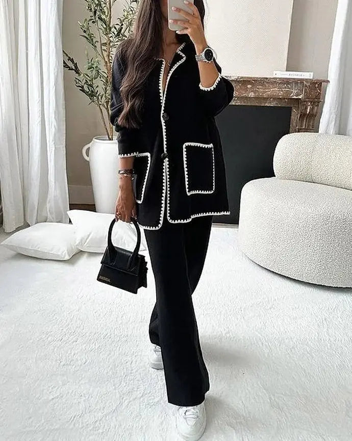 Women's Two Piece Suit Button Jacket Wide Leg Pants