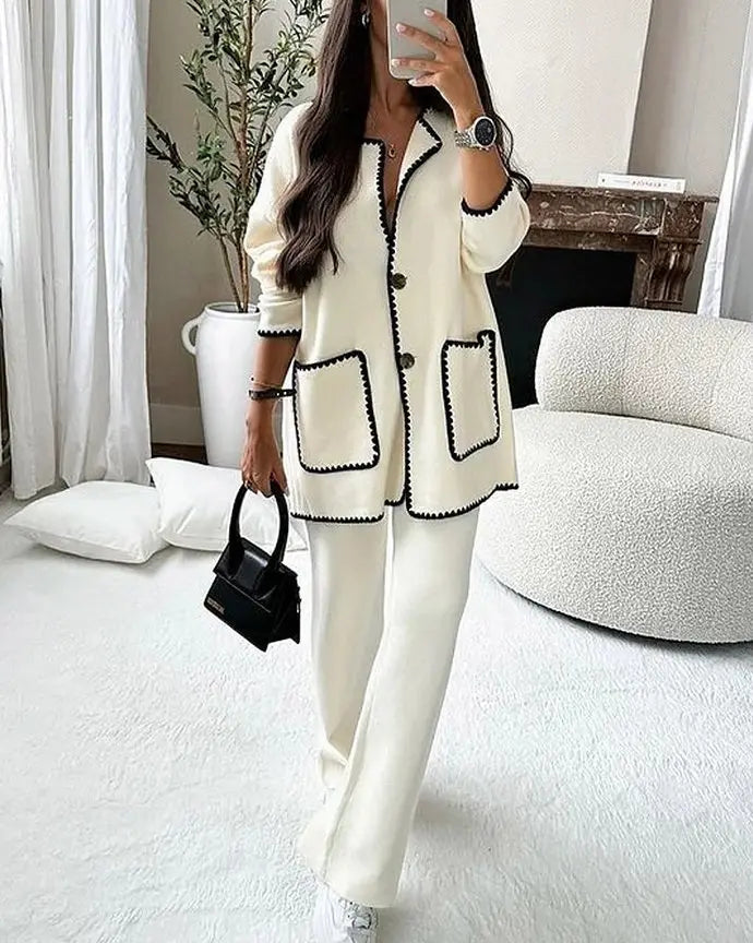 Women's Two Piece Suit Button Jacket Wide Leg Pants - VibreMode