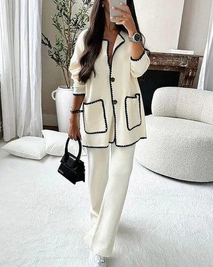 Women's Two Piece Suit Button Jacket Wide Leg Pants - VibreMode