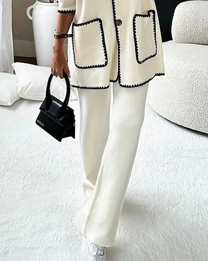 Women's Two Piece Suit Button Jacket Wide Leg Pants