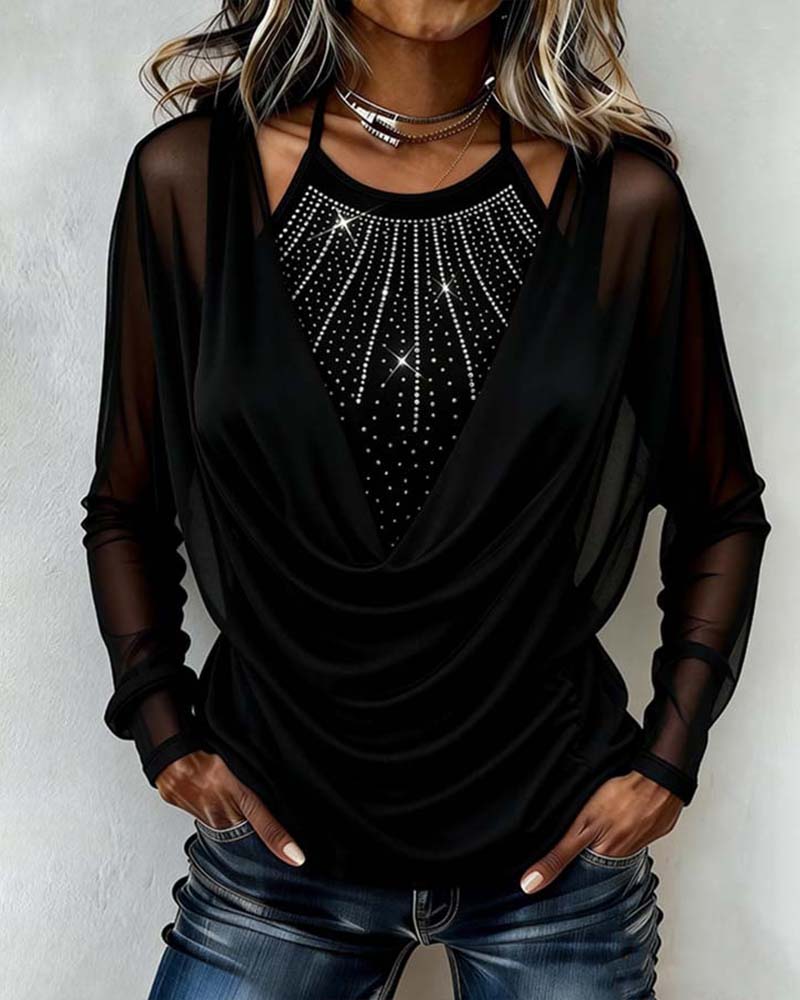 Women's Cowl Neck Blouse Sheer Sleeves - VibreMode