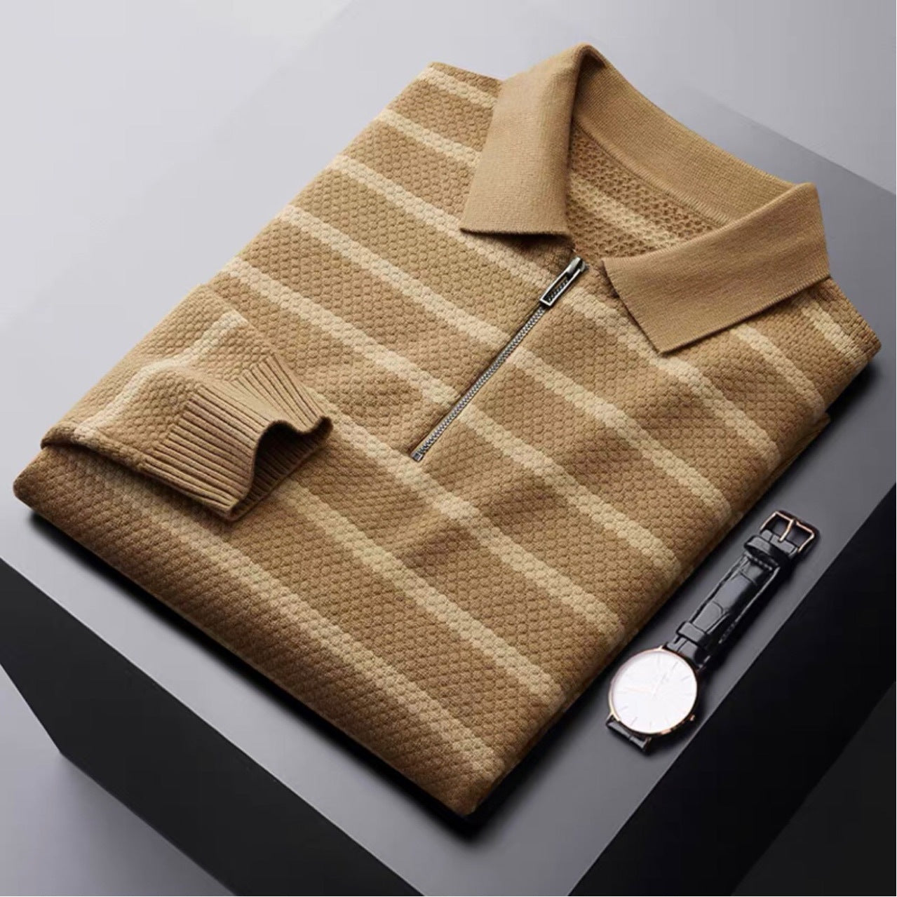 Men's Striped Polo Shirt Half-Zip Cotton