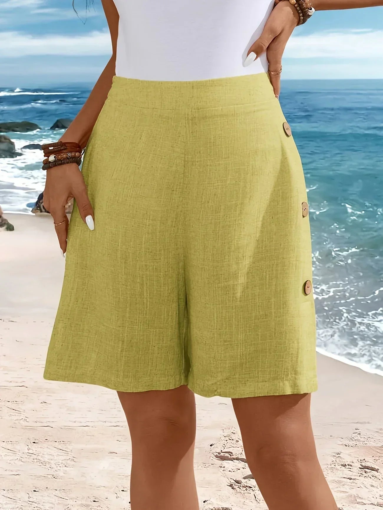 Women's High Waist Button Detail Shorts