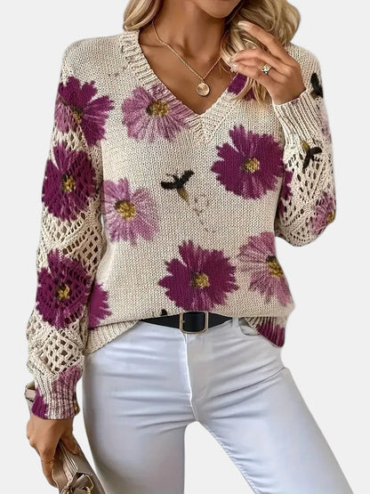 Women's V-Neck Sweater Floral Knit Pattern