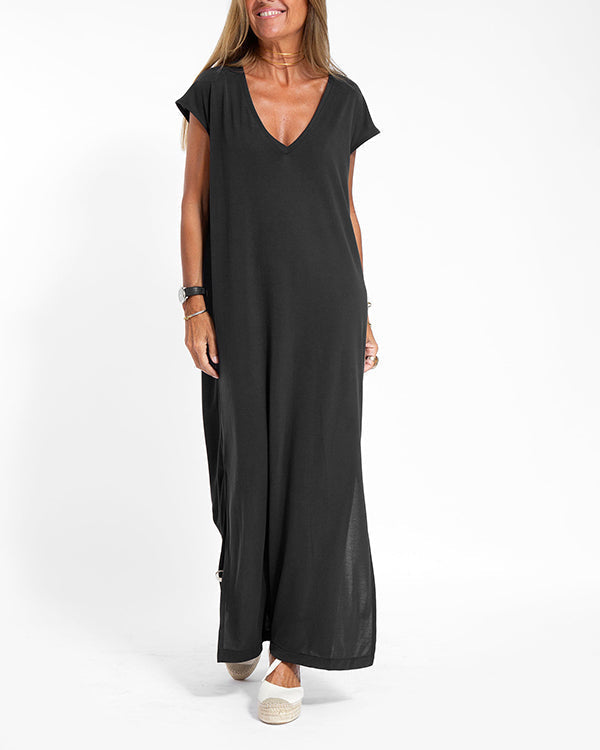 Relaxed Fit V Neck Short Sleeve Maxi Dress