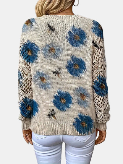 Women's V-Neck Sweater Floral Knit Pattern