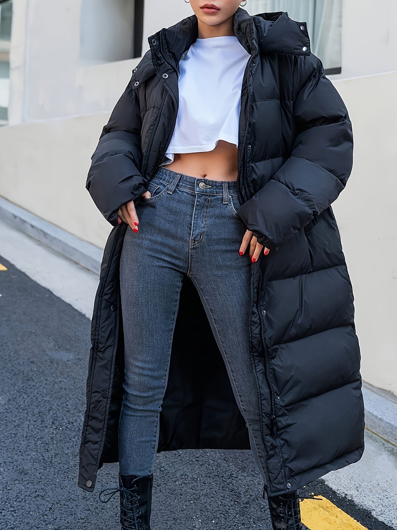 Women's Long Black Puffer Jacket Quilted Hooded
