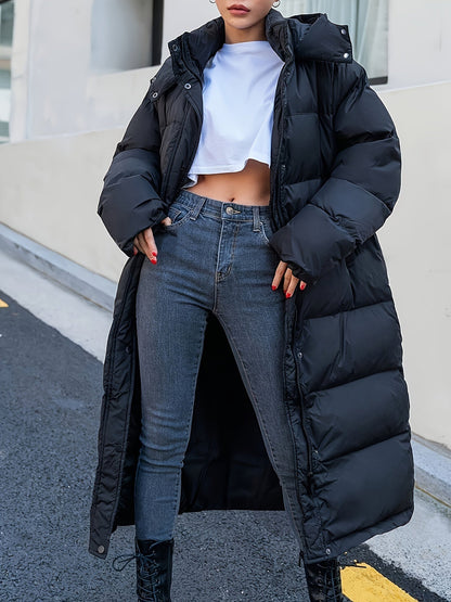 Women's Long Black Puffer Jacket Quilted Hooded