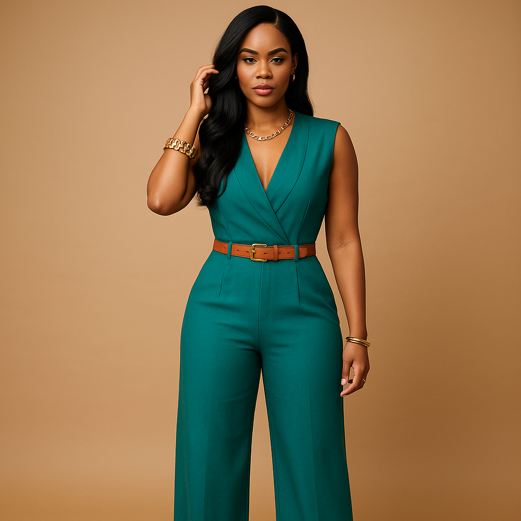 Women's High Waist V Neck Jumpsuit - VibreMode