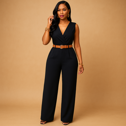 Woman wearing a deep V-neck high-waist jumpsuit with a flowing, flattering silhouette, perfect for evenings out and special occasions.
