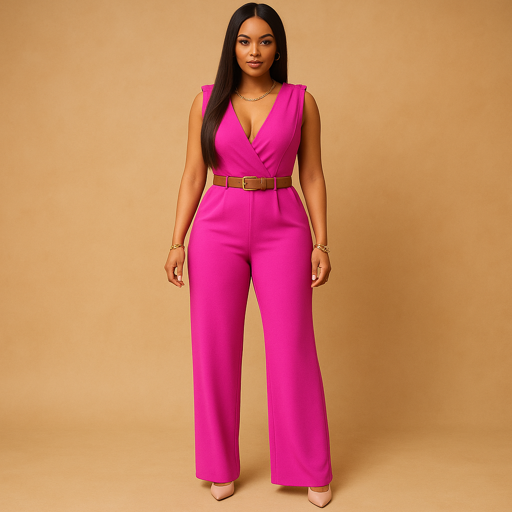 Woman wearing a deep V-neck high-waist jumpsuit with a flowing, flattering silhouette, perfect for evenings out and special occasions.