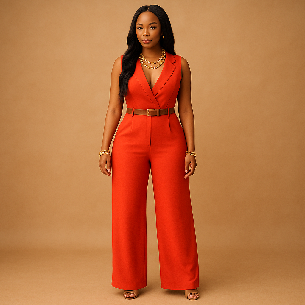 Woman wearing a deep V-neck high-waist jumpsuit with a flowing, flattering silhouette, perfect for evenings out and special occasions.