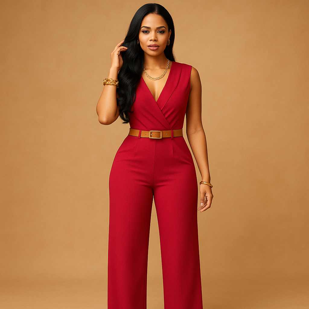Woman wearing a deep V-neck high-waist jumpsuit with a flowing, flattering silhouette, perfect for evenings out and special occasions.