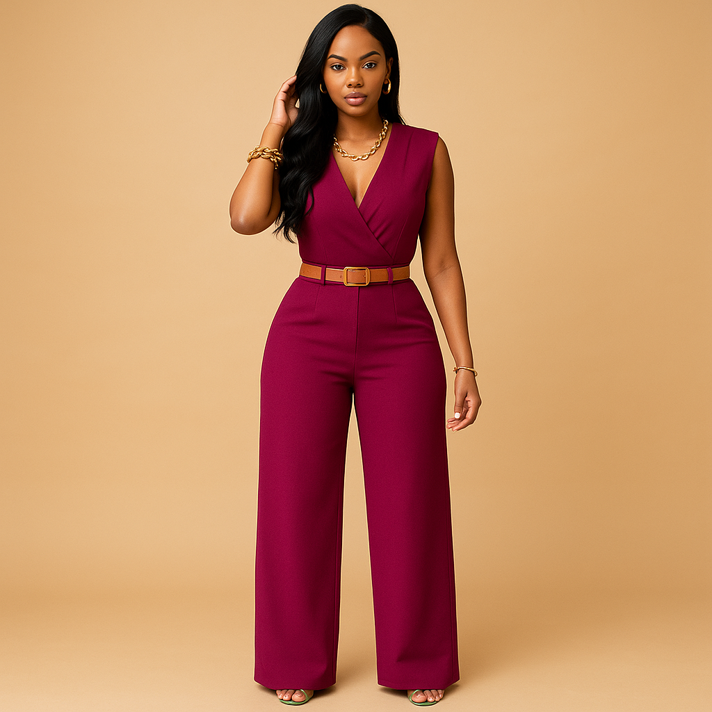 Woman wearing a deep V-neck high-waist jumpsuit with a flowing, flattering silhouette, perfect for evenings out and special occasions.