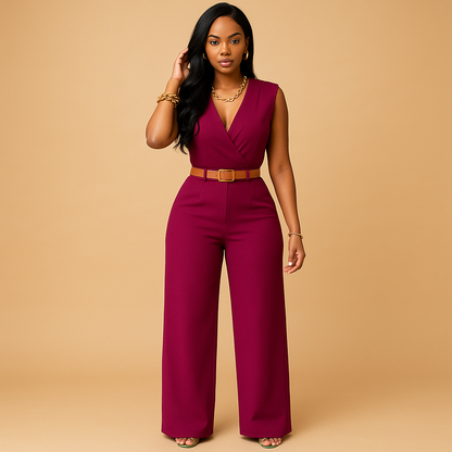 Woman wearing a deep V-neck high-waist jumpsuit with a flowing, flattering silhouette, perfect for evenings out and special occasions.