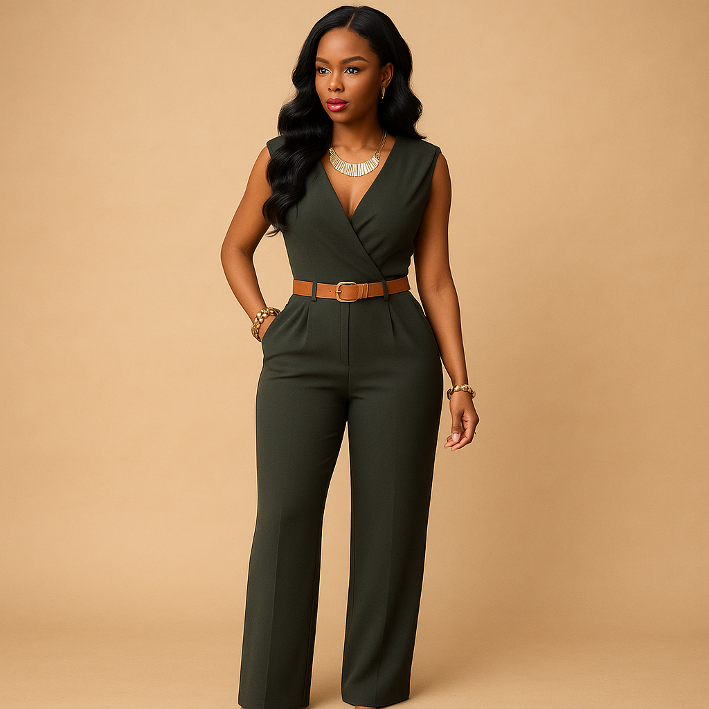Woman wearing a deep V-neck high-waist jumpsuit with a flowing, flattering silhouette, perfect for evenings out and special occasions.
