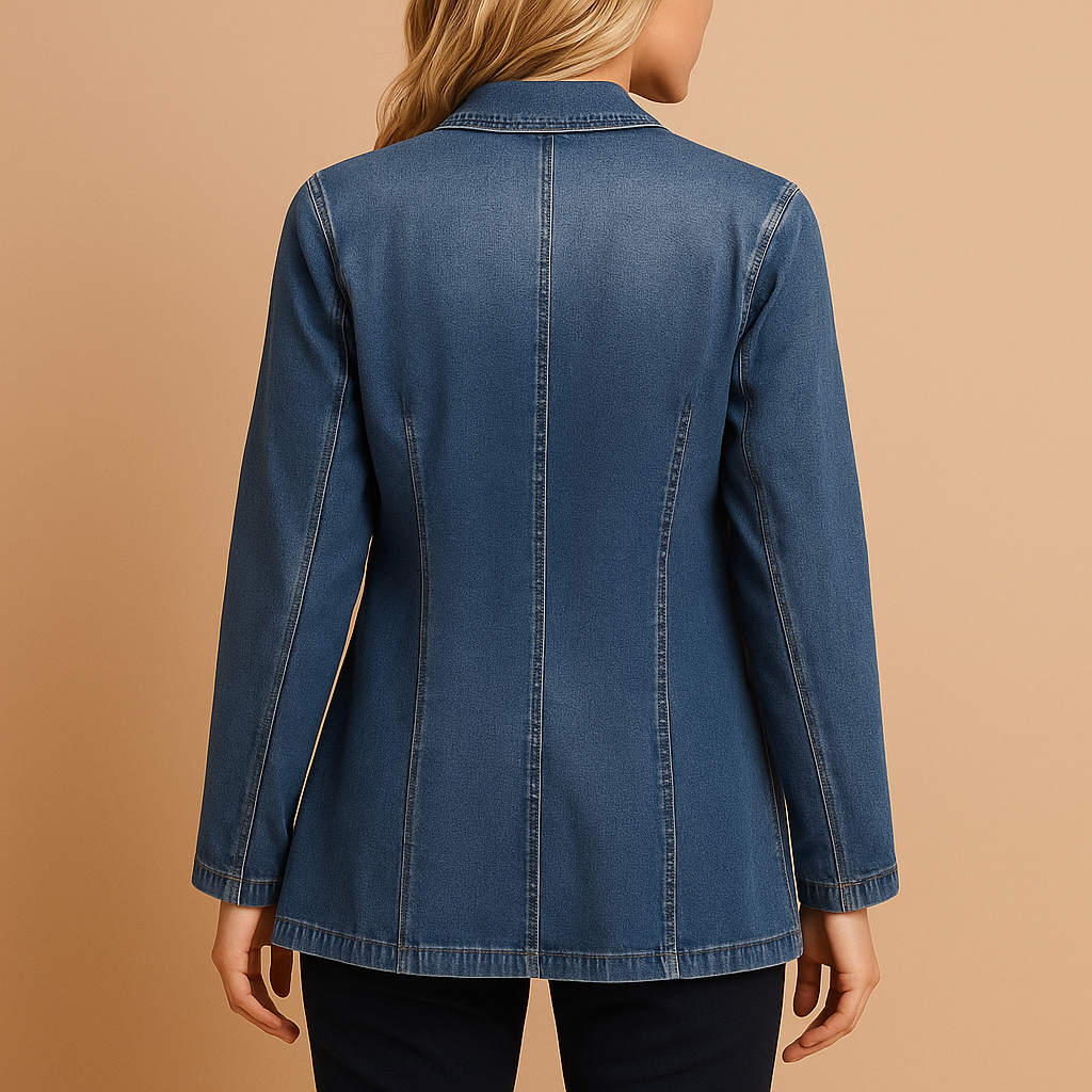 Women’s denim blazer with a tailored fit and classic lapel collar in denim blue, ideal for work, casual wear, and stylish gatherings.