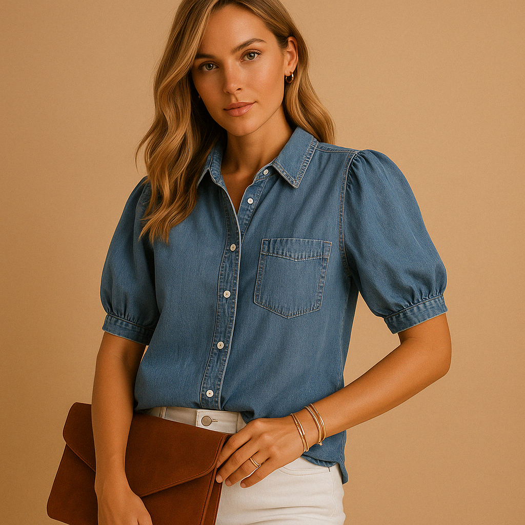 Women's Denim Button Up Blouse - VibreMode