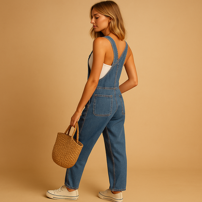 Woman wearing a relaxed denim overall with adjustable straps, styled for casual everyday wear.