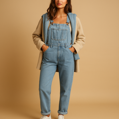 Woman wearing a relaxed denim overall with adjustable straps, styled for casual everyday wear.
