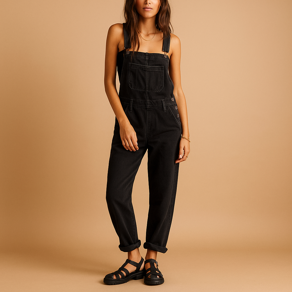Woman wearing a relaxed denim overall with adjustable straps, styled for casual everyday wear.