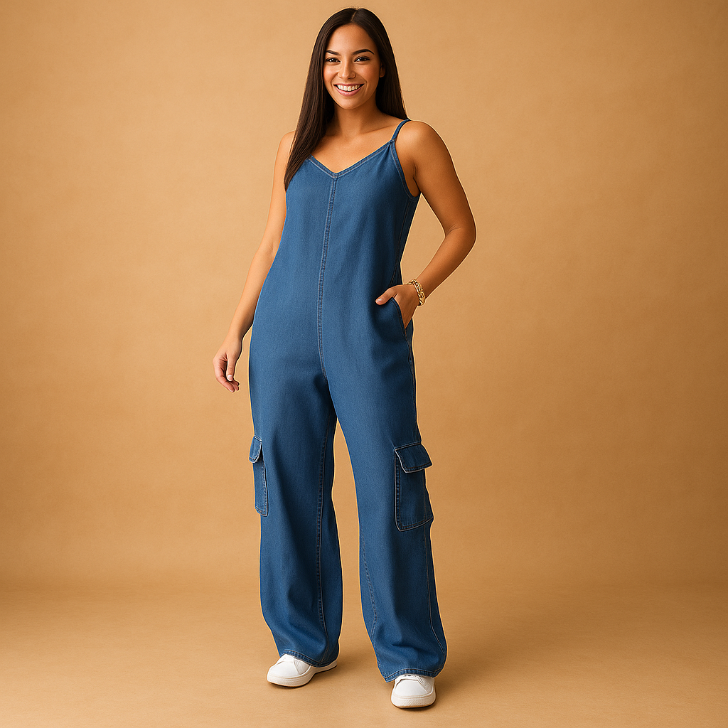 Woman wearing a high-waisted denim V-neck jumpsuit with an open back and crossed straps, ideal for festivals, summer days, and casual outings.