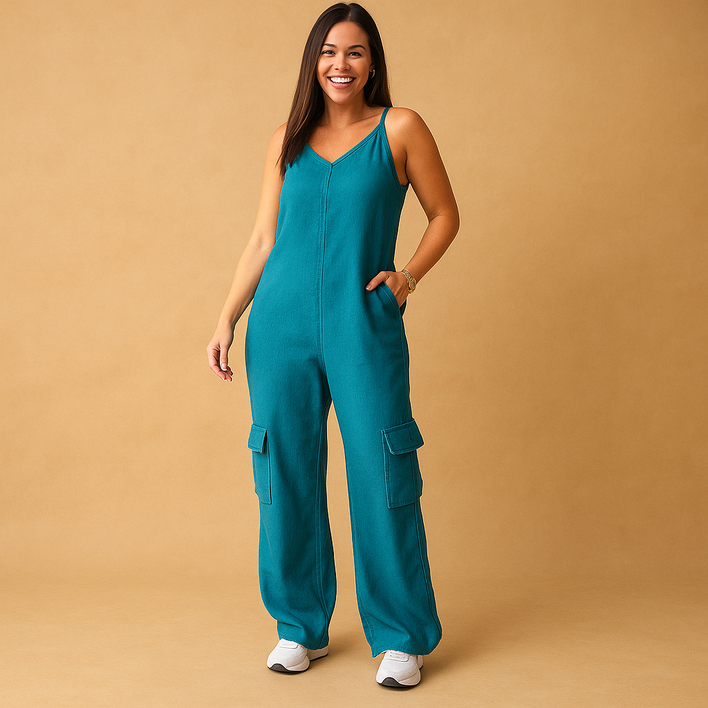 Woman wearing a high-waisted denim V-neck jumpsuit with an open back and crossed straps, ideal for festivals, summer days, and casual outings.