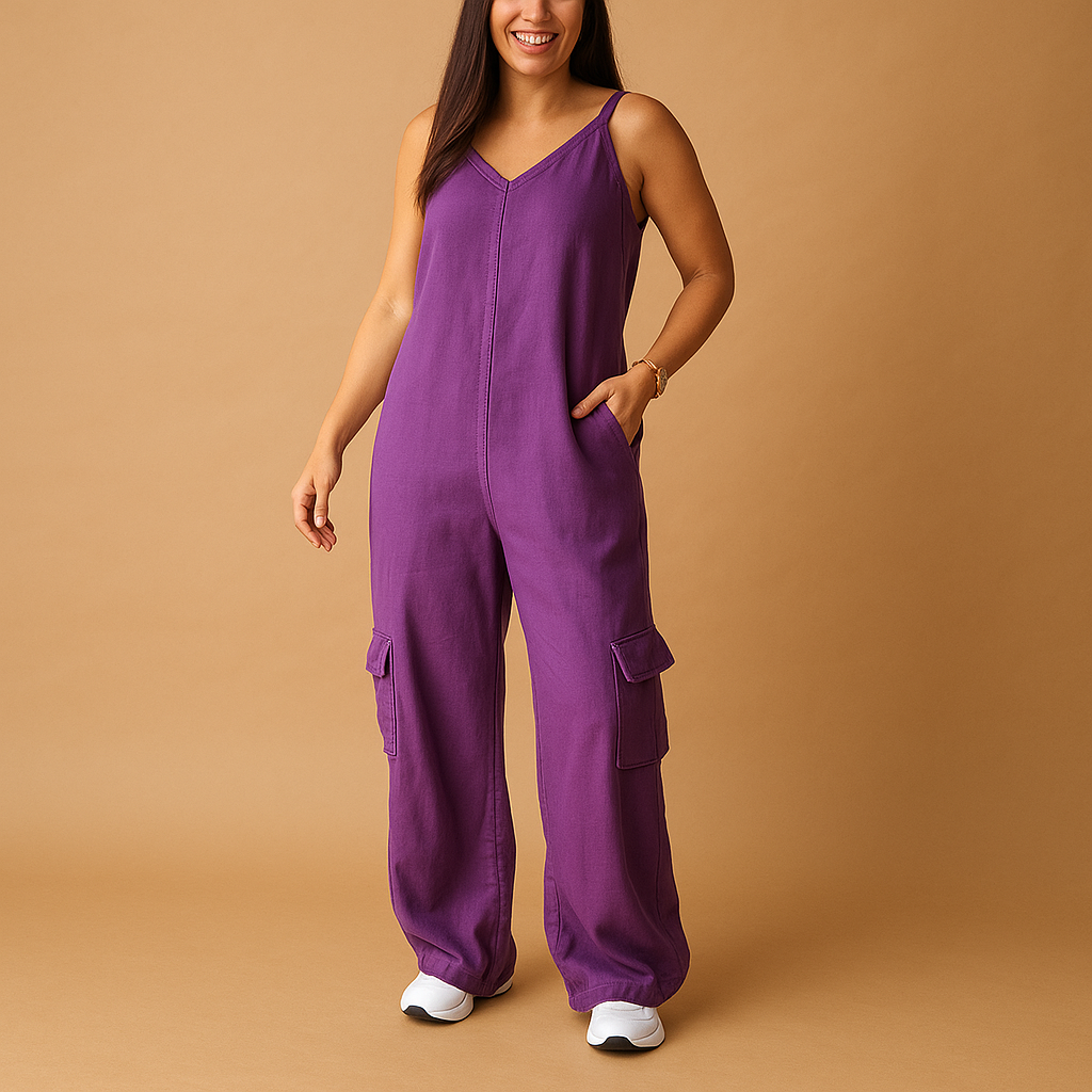 Woman wearing a high-waisted denim V-neck jumpsuit with an open back and crossed straps, ideal for festivals, summer days, and casual outings.