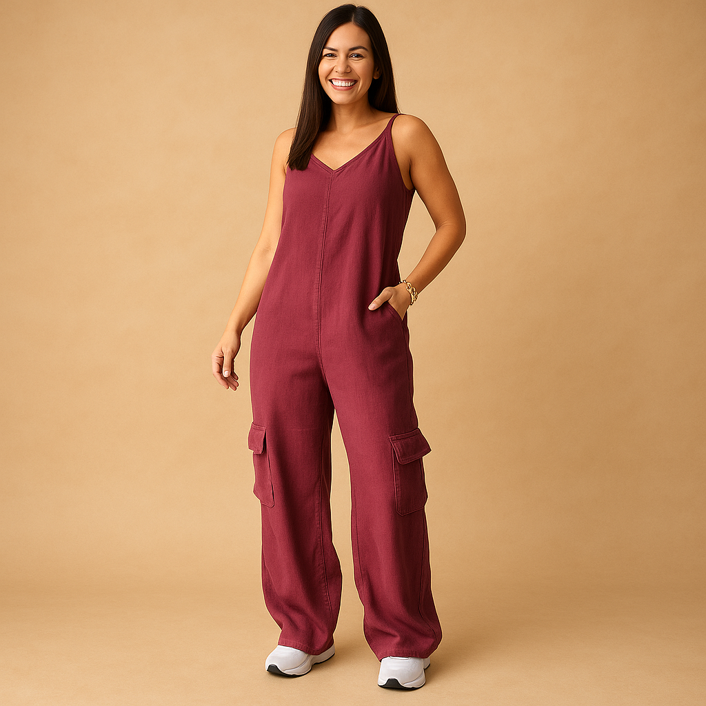 Woman wearing a high-waisted denim V-neck jumpsuit with an open back and crossed straps, ideal for festivals, summer days, and casual outings.
