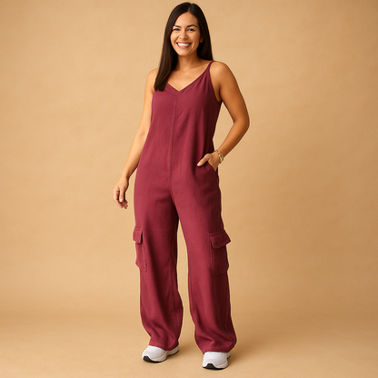 Woman wearing a high-waisted denim V-neck jumpsuit with an open back and crossed straps, ideal for festivals, summer days, and casual outings.