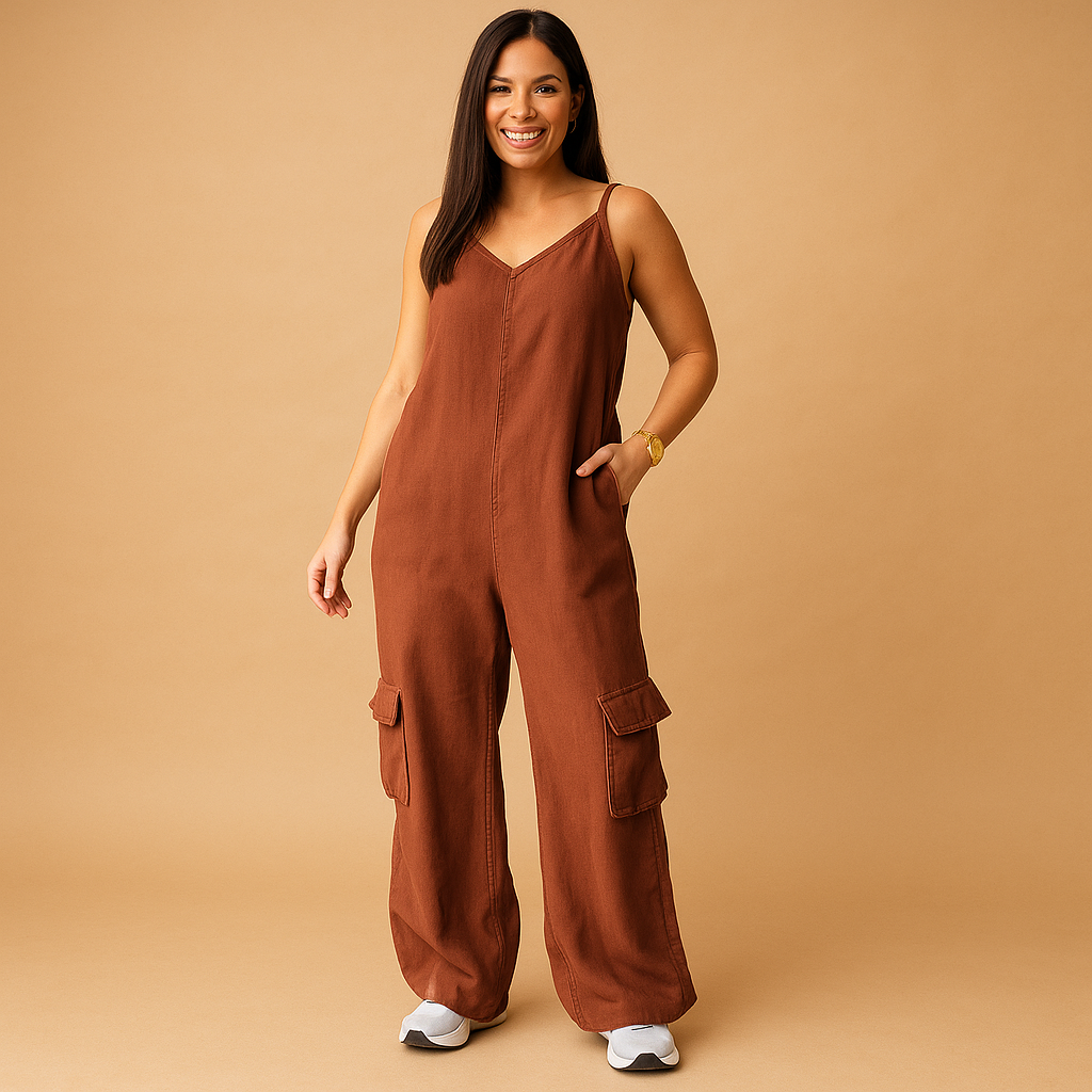 Woman wearing a high-waisted denim V-neck jumpsuit with an open back and crossed straps, ideal for festivals, summer days, and casual outings.