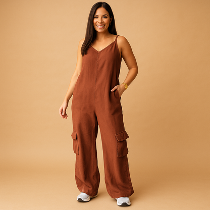 Woman wearing a high-waisted denim V-neck jumpsuit with an open back and crossed straps, ideal for festivals, summer days, and casual outings.
