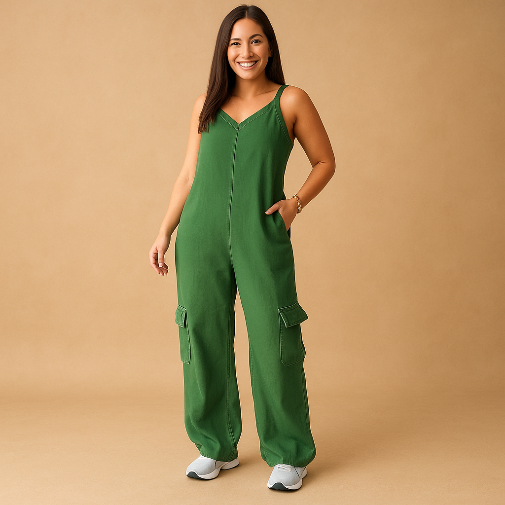 Woman wearing a high-waisted denim V-neck jumpsuit with an open back and crossed straps, ideal for festivals, summer days, and casual outings.