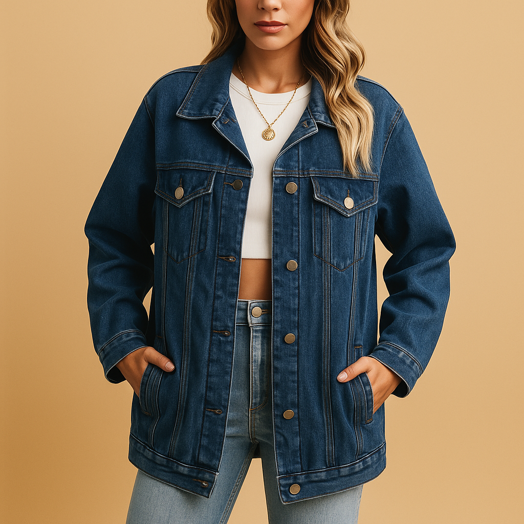 Denim winter coat for women with button closure, slim fit, and warm finish in classic denim blue.