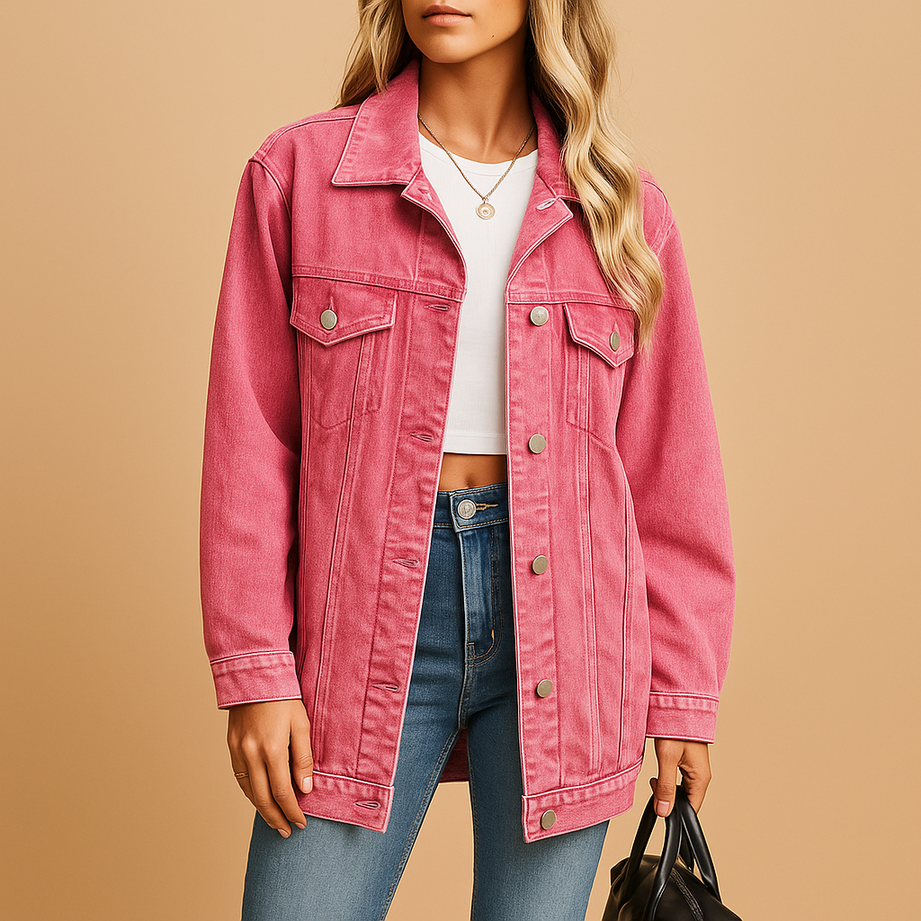 Denim winter coat for women with button closure, slim fit, and warm finish in classic denim blue.