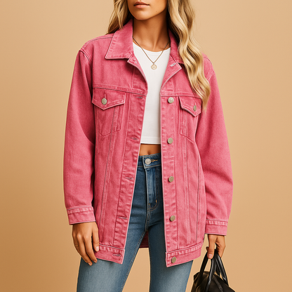 Denim winter coat for women with button closure, slim fit, and warm finish in classic denim blue.