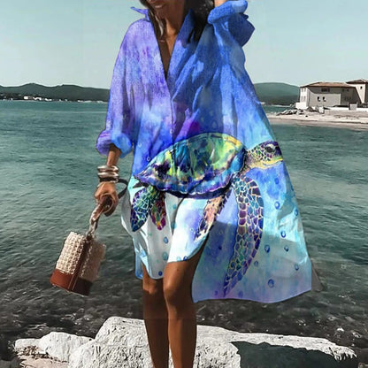 Women's Printed Shirt Dress Long Sleeve Collar
