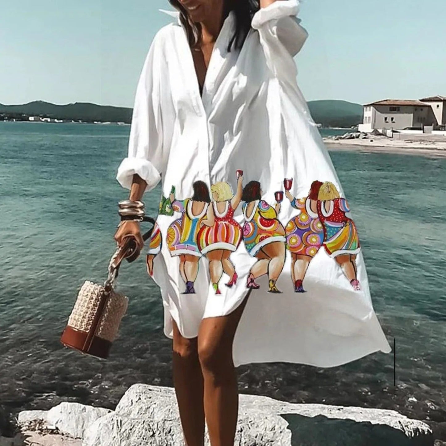 Women's Printed Shirt Dress Long Sleeve Collar